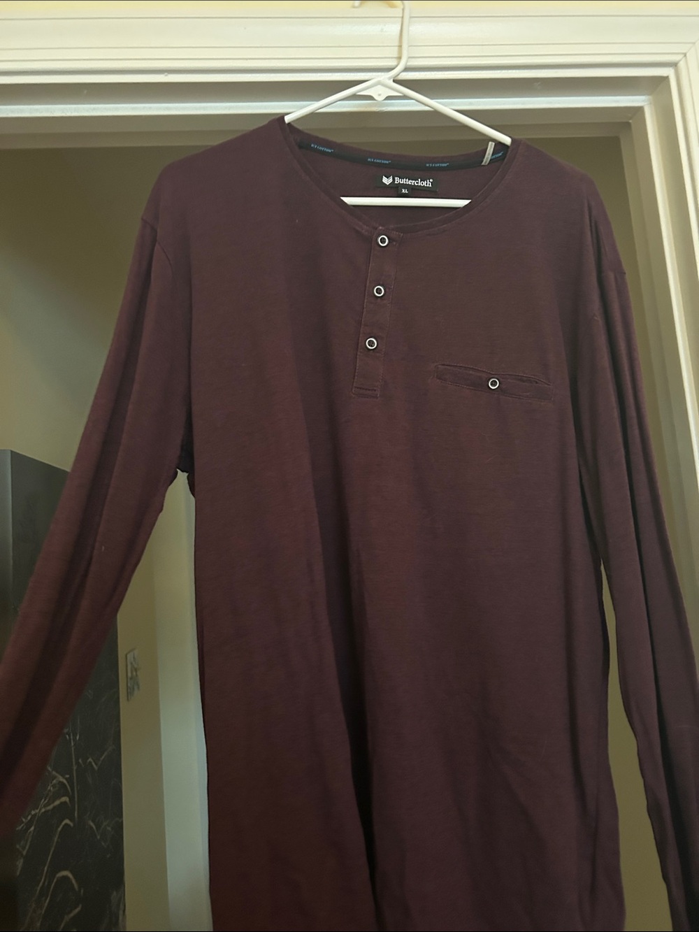 Buttercloth XL Long-Sleeve Henley Shirt in Deep Maroon